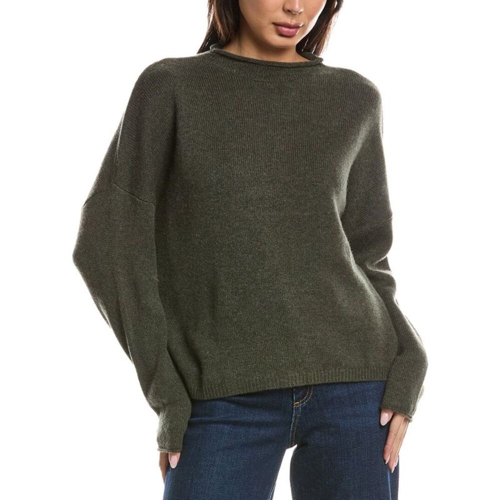 Forte Cashmere Womens Slouchy Roll Trim 100% Cashmere Pullover, Green